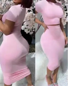 Europe And The United States Women's Short-sleeved Round Neck Blouse Leaky Waist Suit Tight Mid-length Package Hip Skirt