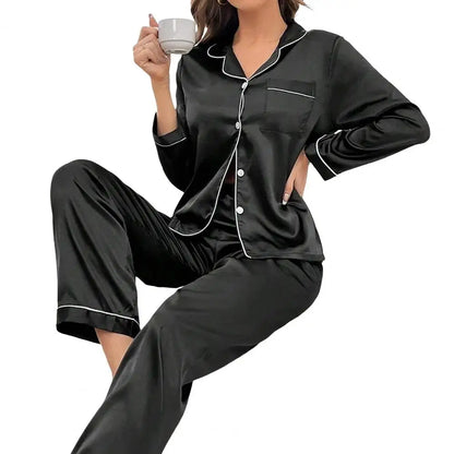 Women Two-piece Pajama Set Classic Design Sleepwear Elegant Women's Silk Pyjama Set with Long Sleeve Button Top Elastic for Home