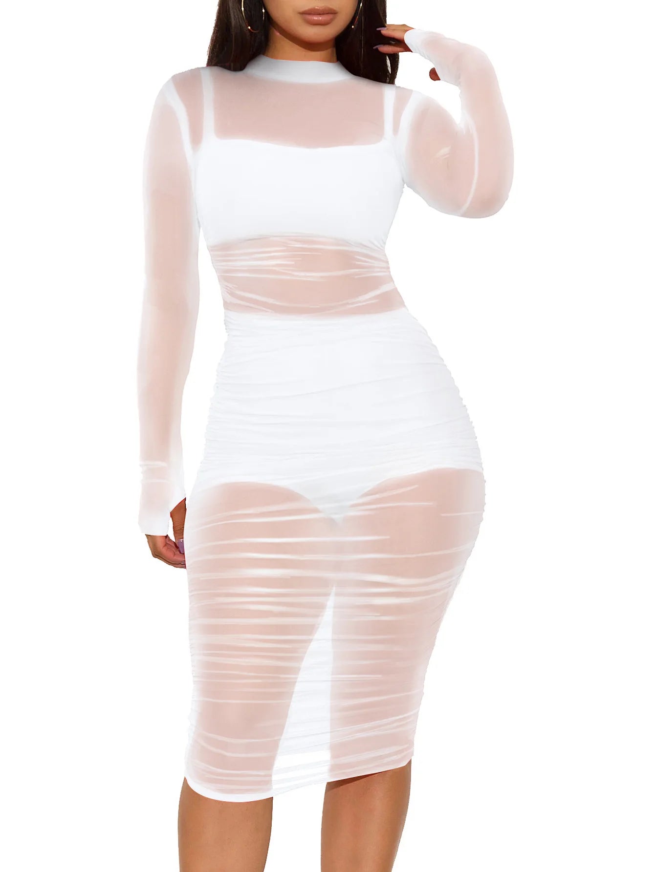 Women's 3 Piece Crop Top Shorts Sheer Mesh Overlay Ruched Midi Dress Set