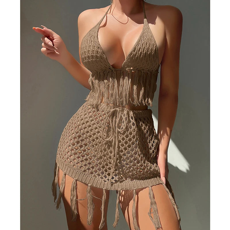 Two-piece Crochet Teens Women Sexy Bikini Cover Up Set Binding Rope Tassel Swimsuit Summer Holiday Knitting Beach Wear