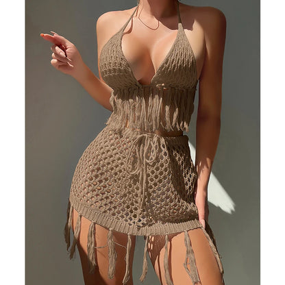 Two-piece Crochet Teens Women Sexy Bikini Cover Up Set Binding Rope Tassel Swimsuit Summer Holiday Knitting Beach Wear