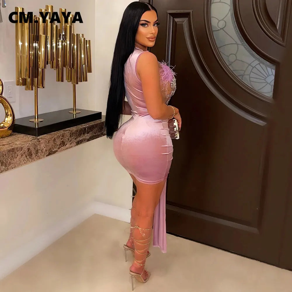 CM.YAYA Women Floral Embroidery Sleeveless Mesh Patchwork Tank Velvet Bodycon Midi Dress 2023 Vestido Sexy Party Evening Dresses