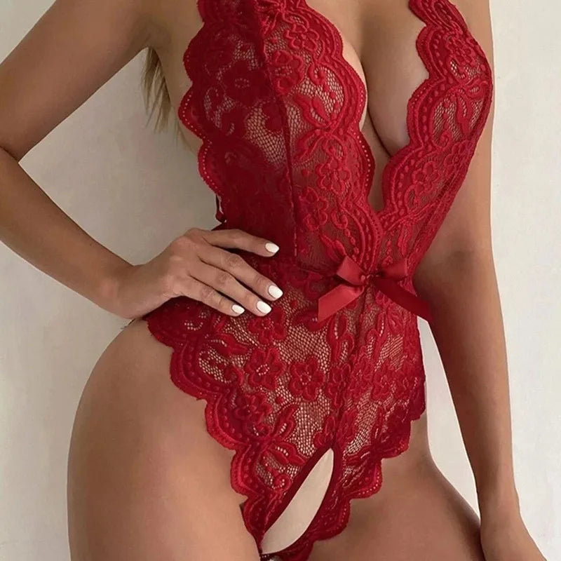 Sexy Lingerie Women Sleepwear Open Croth Bodysuit Teddy Transparent Lace Lingerie Deep V Open Bra Lenceria Porno Underwear Set
