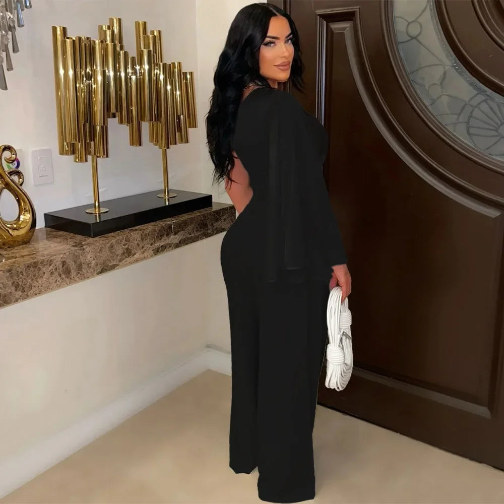 Women's Set Ruched One Shoulder Sleeve Crop Top and Wide Leg Pants Suits Street 2024 Two 2 Piece Set Outfit Tracksuit