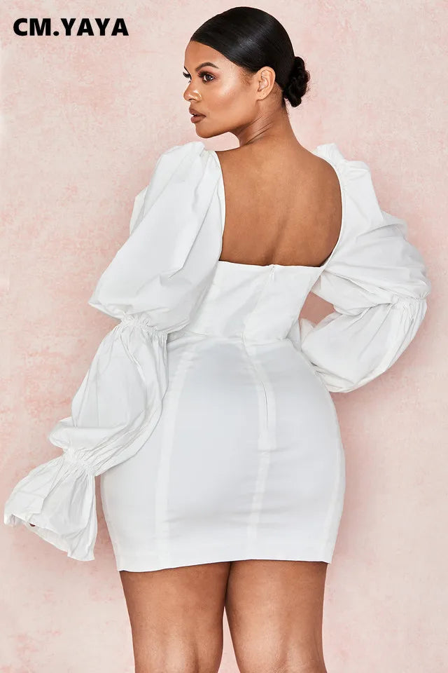 CM.YAYA Women Mini Dress Solid Full Puff Sleeve Square Collar Bandage Stretchy Bodycon Dresses Sexy Fashion Vestidos Summer 2021