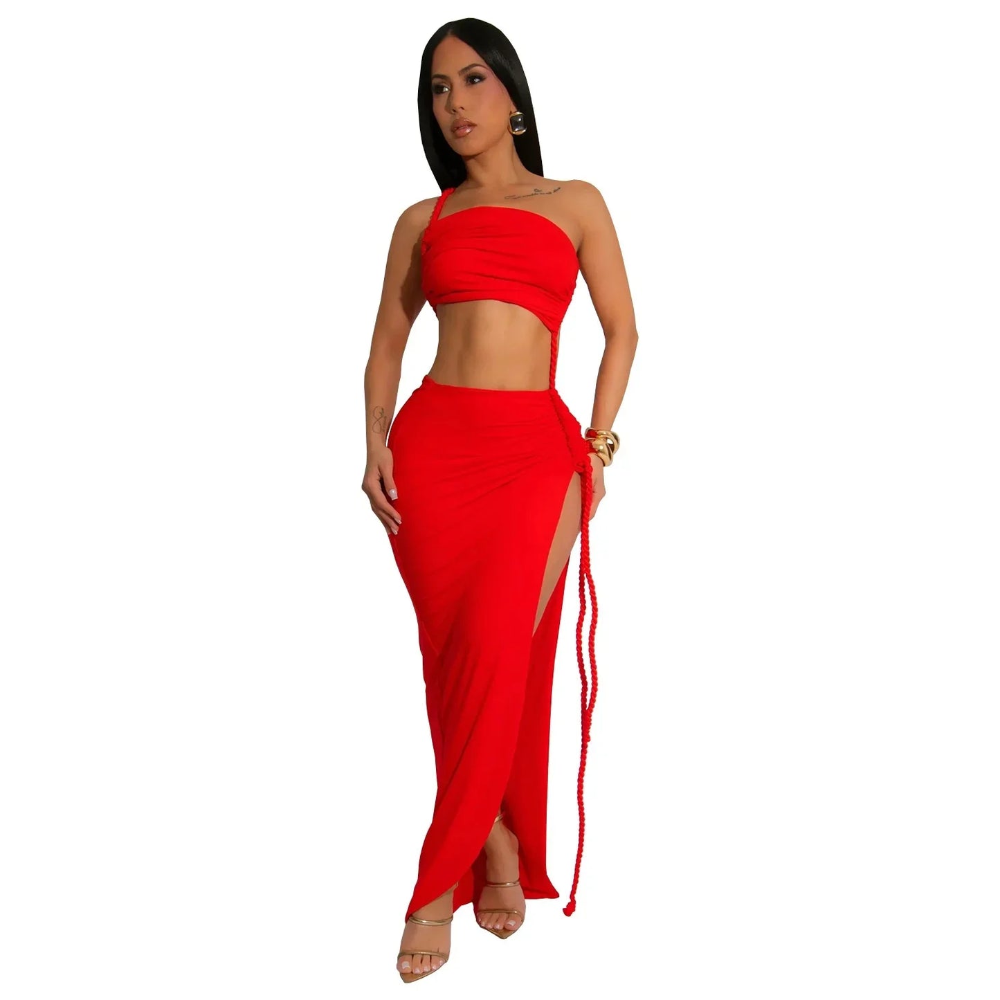 Fashionable Wrap Chest Side Slit Sexy Long Skirt for Women Simple Summer Cross-Border Polyester Fiber Floor-Length Dress