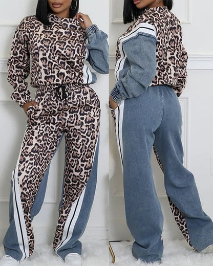 Fashion Women's Two-Piece Set Leopard Pattern Stripe Print Long Sleeve Pullover Drawstring Denim Pants Casual Pants Set