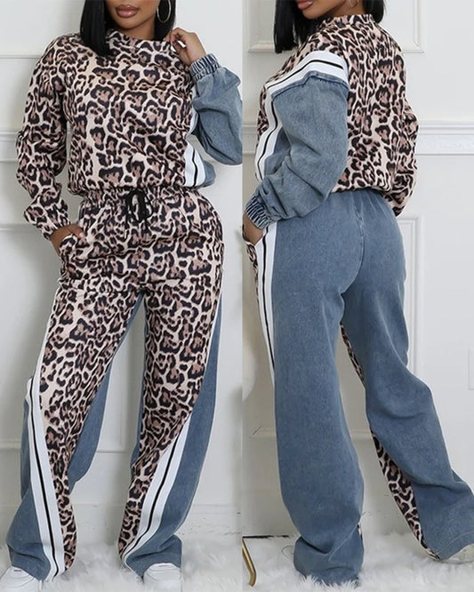Fashion Women's Two-Piece Set Leopard Pattern Stripe Print Long Sleeve Pullover Drawstring Denim Pants Casual Pants Set