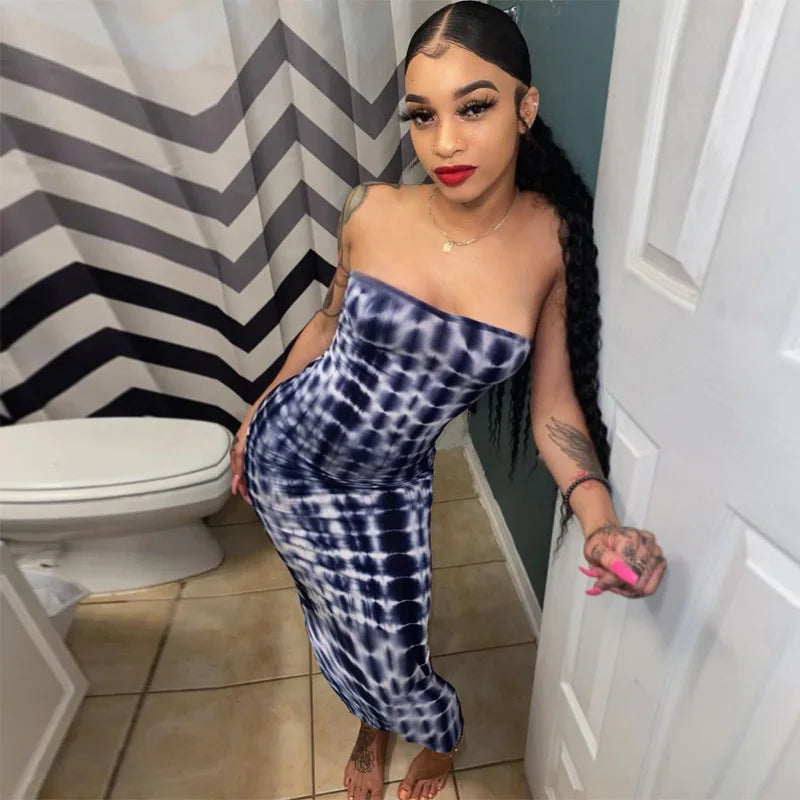 Spring And Summer Dresses For Women Chest Wrap Printed Off Shoulder Bandage Slim Sexy Long Dress New Fashion Party Long Sleeve