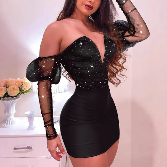 Fashion Mesh Stitching Sprinkling Slim Dress Women Long Sleeve High Waist Sexy Bodycon Mini Dress