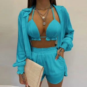 3 Pieces Women Stes 2024 New Sexy Floral Leaf Printed Halter shirt+shorts Three Pieces Sets women's Clothing GHH9068