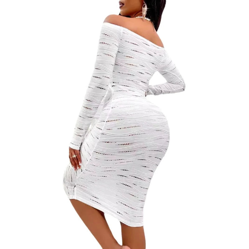 Women Dress Mid Length Dresses Bodycon Off Shoulder Hollow Out Sexy Elegant Sheath White Club High Waist Party Beach Vestidos