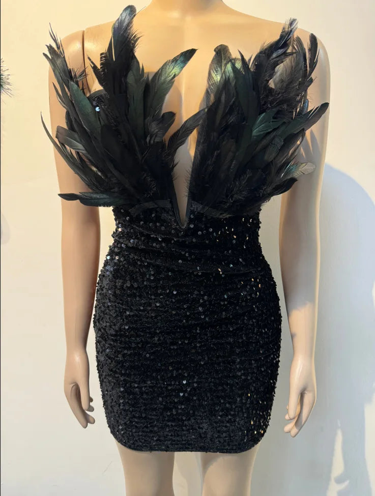 Woemn Dress Short Dresses Sexy Slim Fit Strapless Sleeveless Deep V Neck Sequin Feather Hip Wrap Elegant Splice Party Vestidos