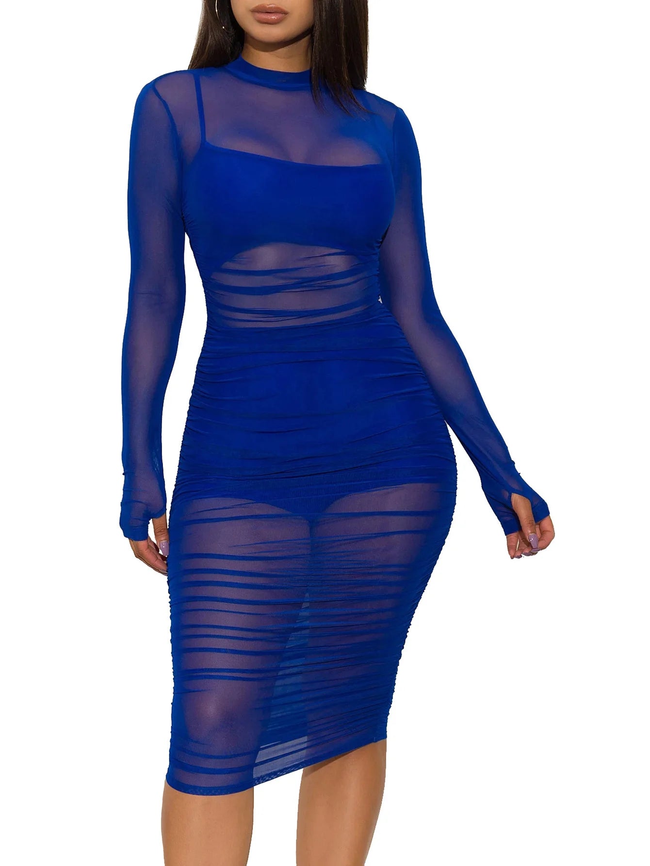 Women's 3 Piece Crop Top Shorts Sheer Mesh Overlay Ruched Midi Dress Set