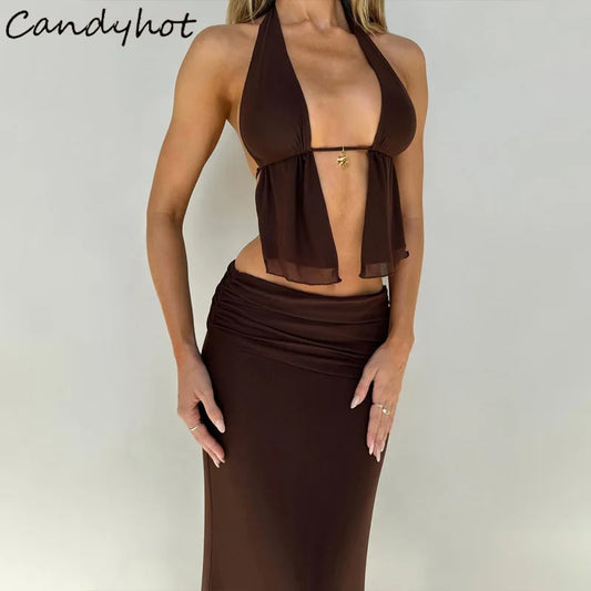 Candyhot Sexy Halter Backless Bandage Hollow Out Tops and Slim Mesh Maxi Skirt Y2K Summer Fashion Evening Women 2 Pieces Set
