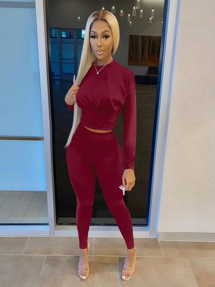 2023  New  AutumnWomen's Pure Color Sports Waist Suit Fashion Casual Two-piece Set