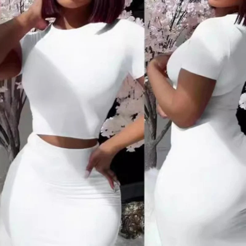 Two Piece Set Short Sleeved Round Neck Top + Tight Skirt Suit Women's Hight Waist Mid Length Skirt Clothes Short T-shirt Outfit