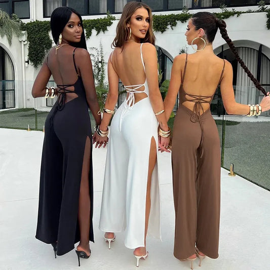 Sexy Backless Long Pants Skirt One-Piece Women's Independent Station New Pure Color Slit Strapless Bandage Jumpsuit Female