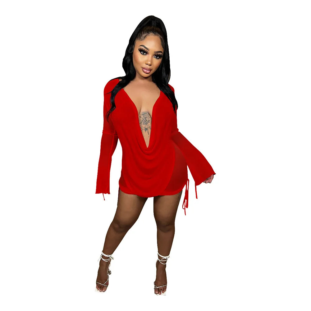 Women Party Outfit Two Pieces Set 2024 See Through Long Sleeve Club Party Bodycon Dresses Y2K Sexy Deep V Neck Mini Mesh Dress
