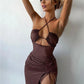 Fantoye Hollow Out Drawstring Dress Women Sleeveless Backless High Split Elegant Ruched Dress Vestidos Partywear
