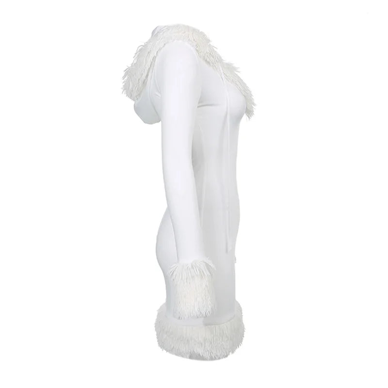 Women Plush Hem Splicing Frenulum V-neck Hooded Dress Winter Solid Color Long Sleeve Bodycon Dress for Female White