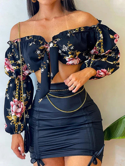 Summer Sexy Skirts Two Piece Set Women Chic Slash Collar Lantern Sleeves Crop Top & Solid Pattern Shirring Bodycon Dress Sets