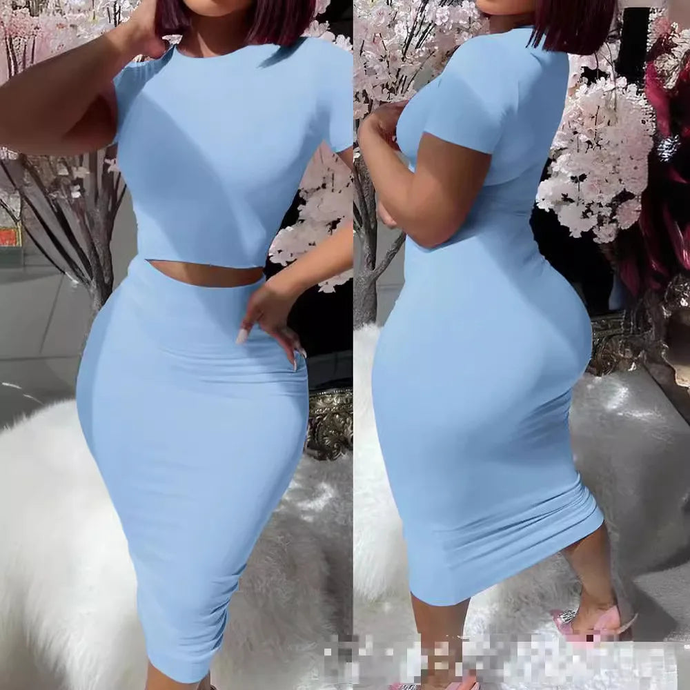 Europe And The United States Women's Short-sleeved Round Neck Blouse Leaky Waist Suit Tight Mid-length Package Hip Skirt