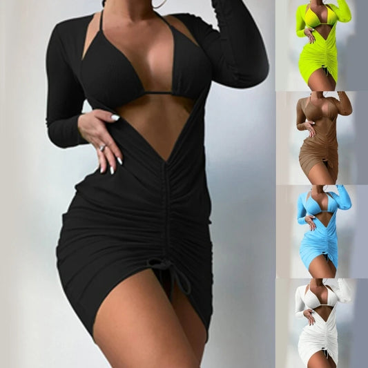 Women Solid Color Swimwears 3 Pieces Split Bathing Suit Summer Swimming Suit Female Highs Waist Wrap Swimsuit Beachwears H58D