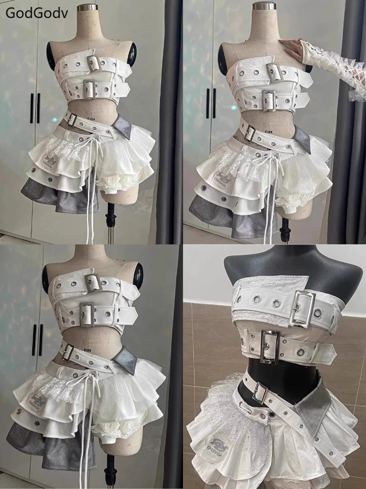 Summer Vintage Elegant Y2K Woman 2 Piece Sets Punk Gothic Strapless Crop Tops +High Waist Ruffle Skirt Female Party Outfits 2025