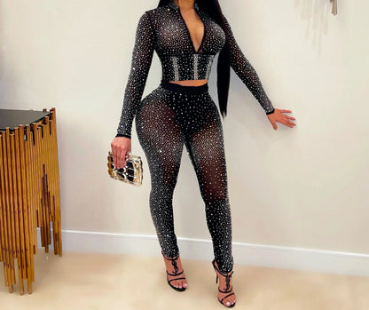 Sexy Two Piece Sets Womens Outifits Streetwear 2023 Autumn Winter Fashion Versatile Solid V-neck Long Sleeve Female Pants Suit