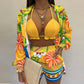 3 Pieces Women Stes 2024 New Sexy Floral Leaf Printed Halter shirt+shorts Three Pieces Sets women's Clothing GHH9068