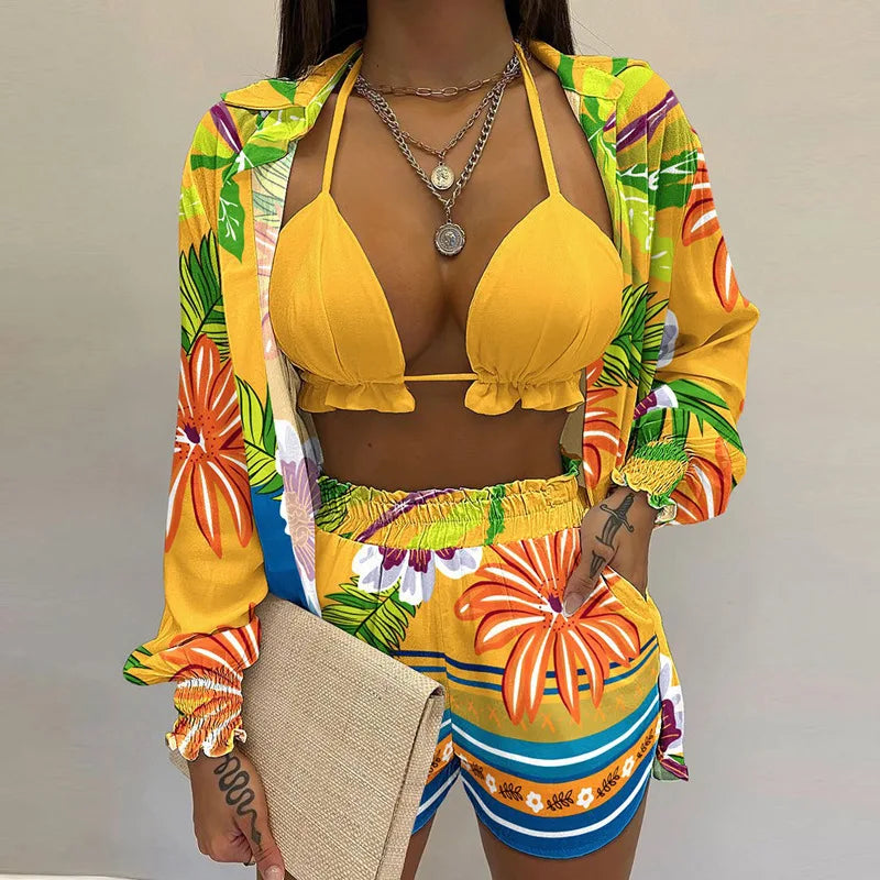 3 Pieces Women Stes 2024 New Sexy Floral Leaf Printed Halter shirt+shorts Three Pieces Sets women's Clothing GHH9068