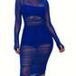 Women's 3 Piece Crop Top Shorts Sheer Mesh Overlay Ruched Midi Dress Set