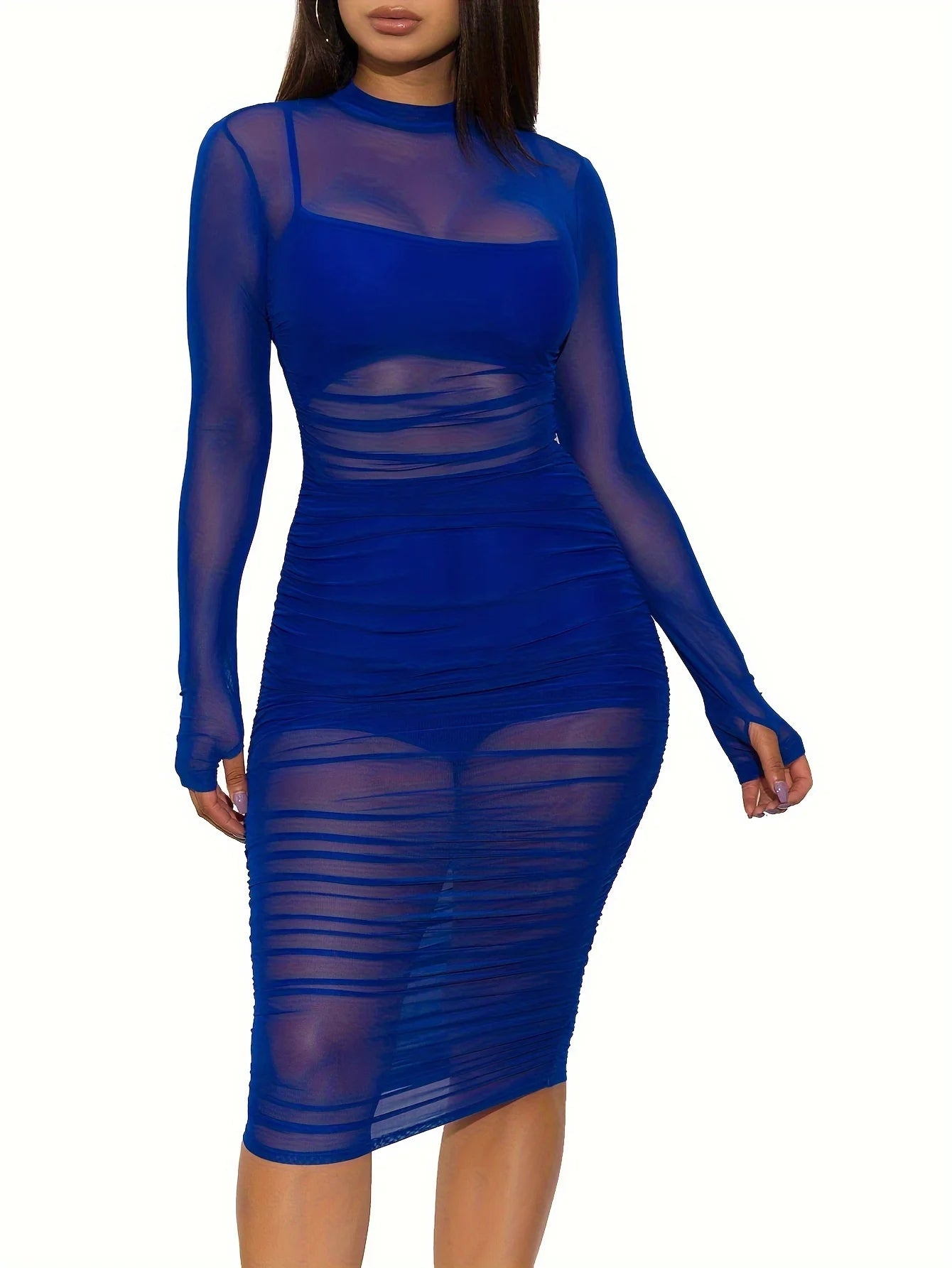 Women's 3 Piece Crop Top Shorts Sheer Mesh Overlay Ruched Midi Dress Set