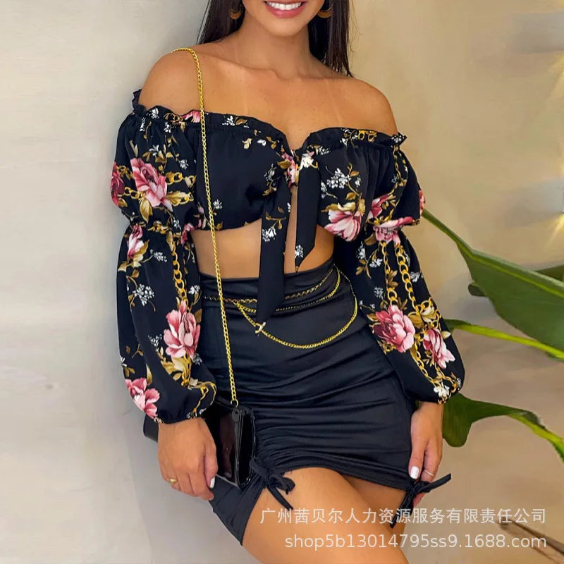 New Women's Clothing One-word Shoulder Strap Long-sleeved Top and Pleated Skirt Set for Women