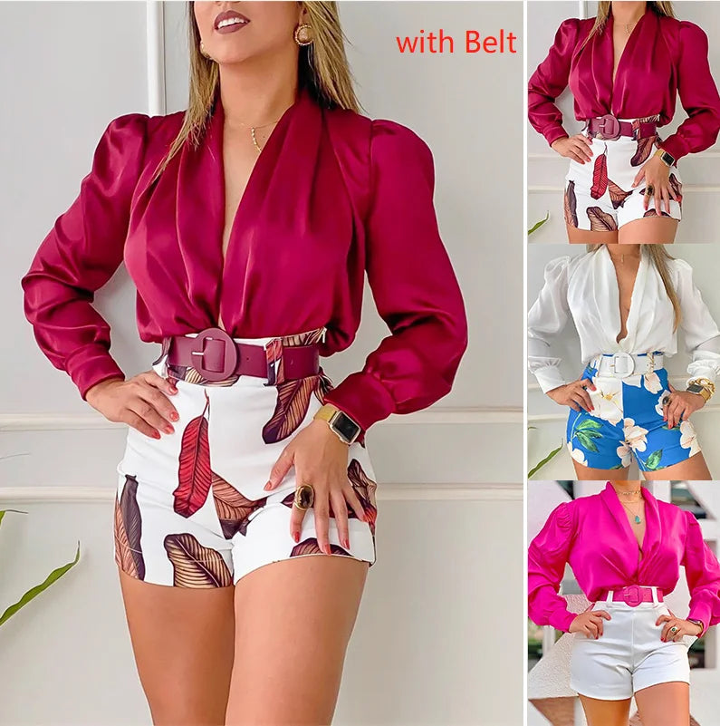 Two Piece Sets Womens Outifits Casual Vintage  Printed Shorts Sets Summer 2022 New V-neck Top Shorts Suits