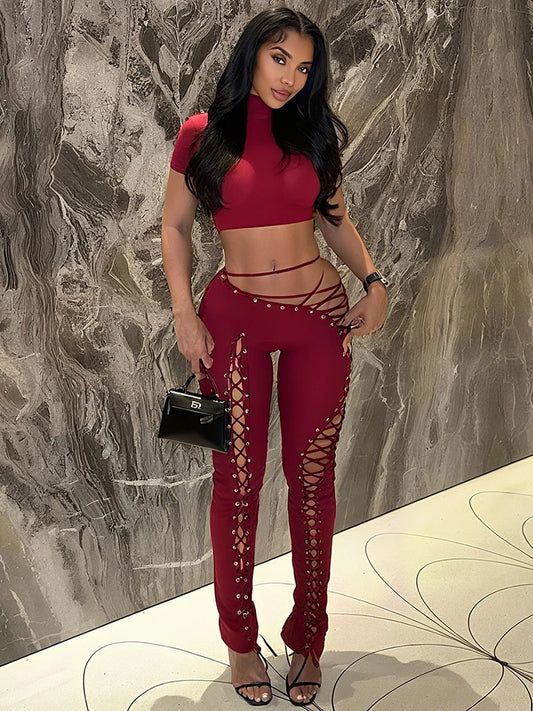 Leosoxs Sexy 2piece Set Women Hipster Halter Camisole+Shirring Hollow Pants Midnight Matching Stretch Clubwear Skinny Outfits