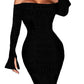 Europe and America autumn off-shoulder sexy snake pattern long sleeve waist-cinching dress