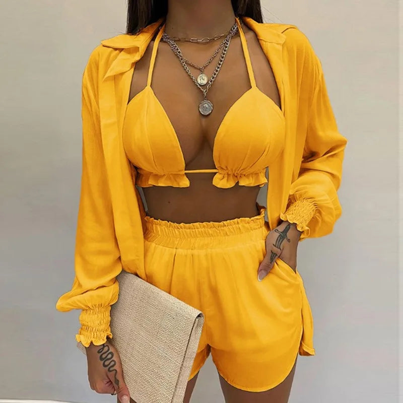 3 Pieces Women Stes 2024 New Sexy Floral Leaf Printed Halter shirt+shorts Three Pieces Sets women's Clothing GHH9068