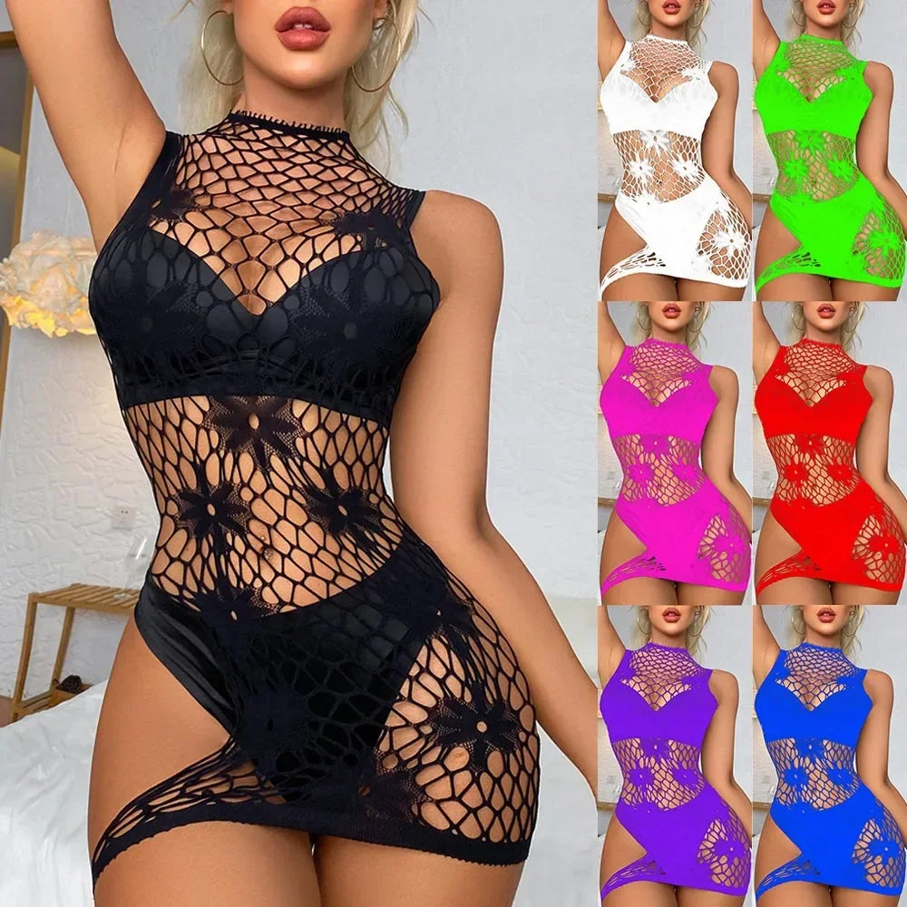 Sexy Women Fishnet Bodycon Short Dress Erotic Lingerie Hollow Out Body Stockings See Through Nightdress Temptation Underwear