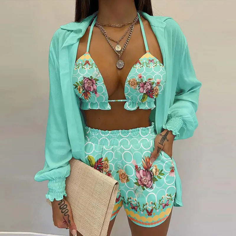 3 Pieces Women Stes 2024 New Sexy Floral Leaf Printed Halter shirt+shorts Three Pieces Sets women's Clothing GHH9068