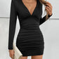 Long-Sleeved V-Neck Sexy Pleated Shoulder Pleated Hip Dress