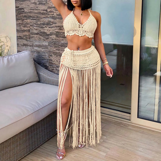 Women'S Two Piece Swimsuit Beach Cover Up Fashion Solid Colour Knitted High Waist Tassel Long Skirt Swimsuit Cover Up Bikini