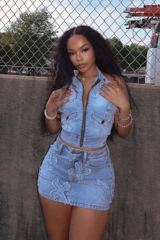 Ruffles Jeans Skirt Outfit Set Sexy Women Halter Elegant Two Pieces Denim Club Matching Set Top+Mini Skirt