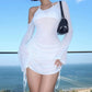 2025 Summer Women Dulzura Solid Skew Collar Ruched Straps Lace-Up See Through Draw String Mini Dress Party Clubwear Wholesale