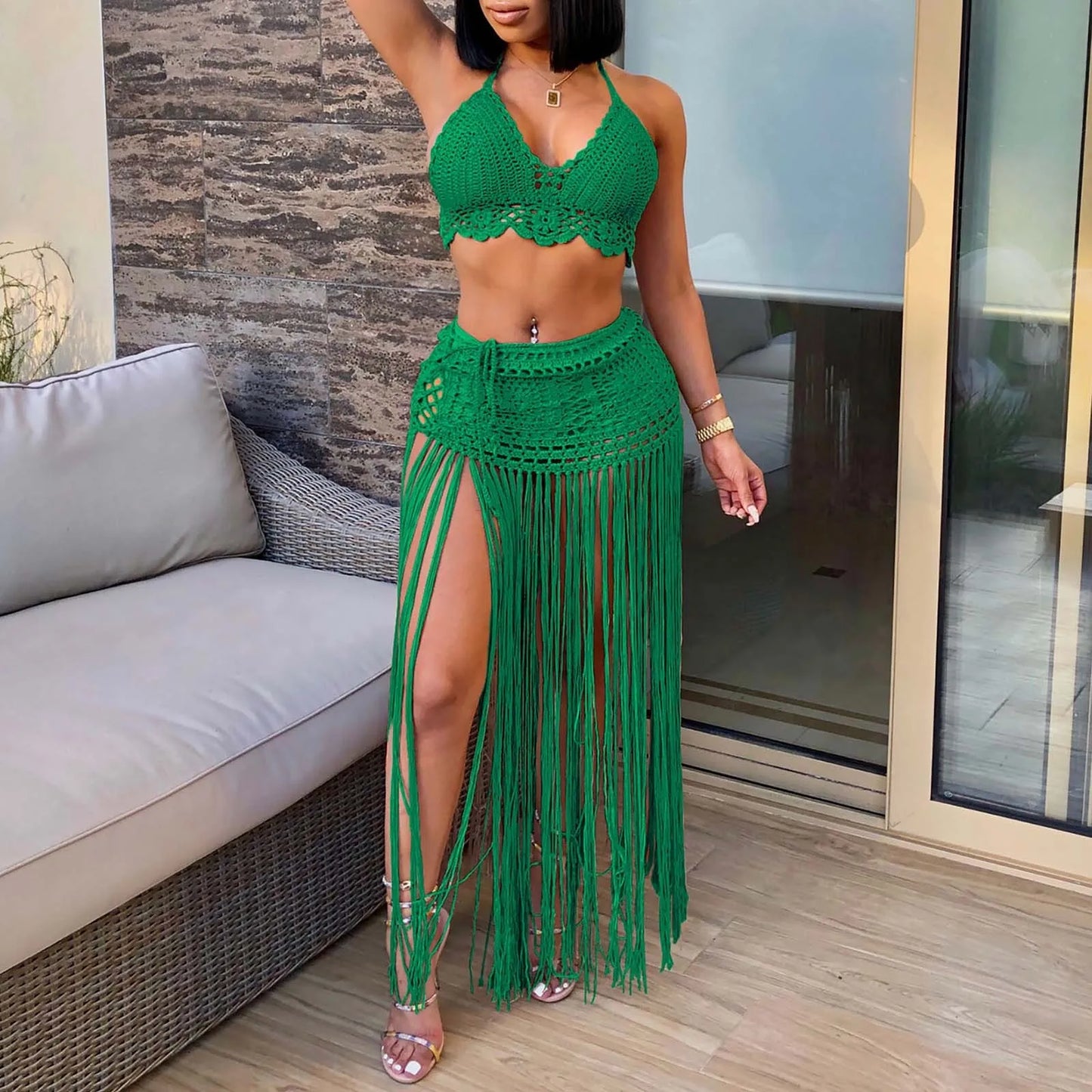 Women'S Two Piece Swimsuit Beach Cover Up Fashion Solid Colour Knitted High Waist Tassel Long Skirt Swimsuit Cover Up Bikini