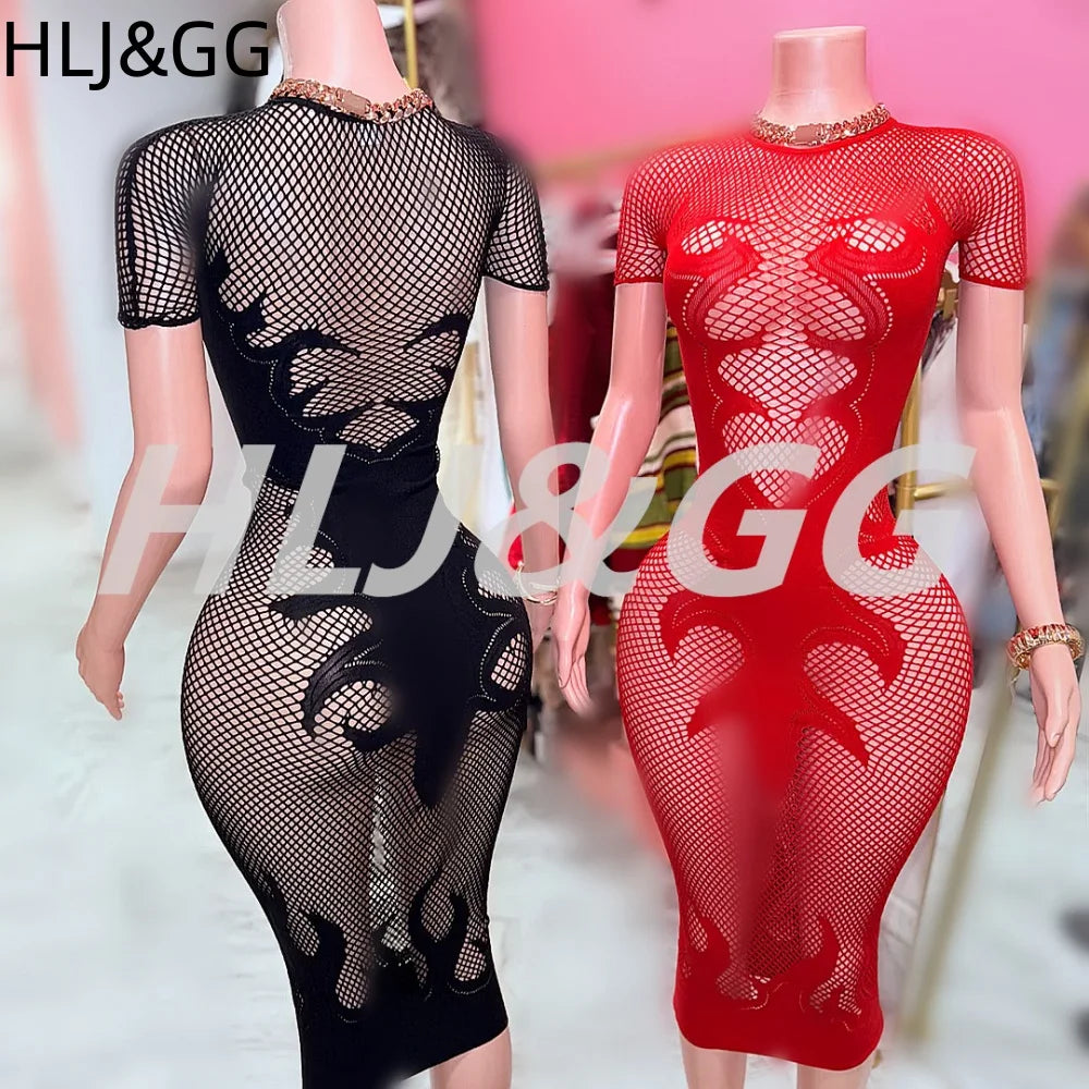 HLJ&GG Sexy Hollow Out Mesh See Though Bodycon Long Dress Women Round Neck Short Sleeve Slim Vestidos Fashion Y2K Clubwear 2025