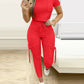 Tight Solid Color Two Piece Set Women Cropped T Shirt Slim Long Pants Leace-up Pocket Ladies Sets 2023 Spring Summer Sportswear