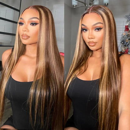 Straight Highlight Ombre Human Hair Lace Front Wigs 13x4 13x6 HD Lace Wigs Pre Plucked for Black Women Honey Blonde Colored Wig