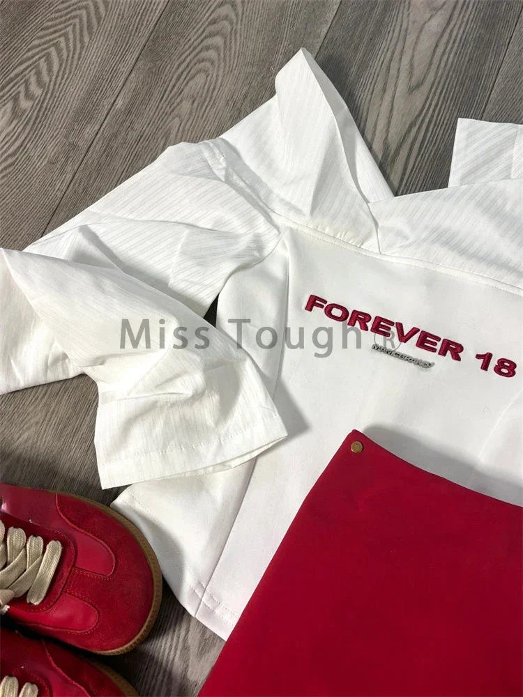 Autumn Y2k Elegant 3 Piece Set Woman Spicy Girls Plaid Bra + White Print Long Sleeve Tops + Red Chic Mini Skirt Korean Fashion